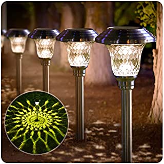 BEAU JARDIN 8 Pack Solar Lights Bright Pathway Outdoor Garden Stake Glass Stainless Steel Waterproof Auto On/off White Wireless Sun Powered Landscape Lighting for Yard Patio Walkway Spike Pathway