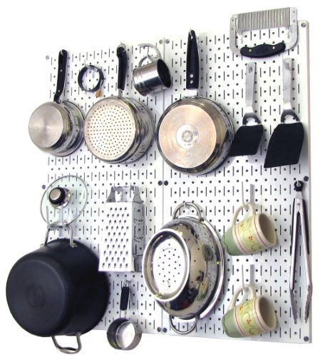 Wall Control Kitchen Pegboard Organizer Pots and Pans Pegboard Pack Storage and Organization Kit with White Pegboard and White Accessories