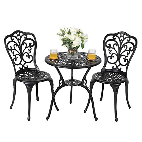 Nuu Garden 3 Piece Aluminum Outdoor Bistro Table Set Small Patio Set with Umbrella Hole Furniture for Outside Porch, Black