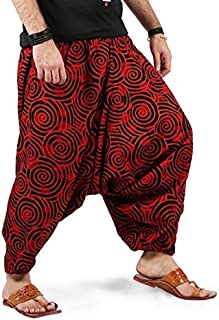 Boho Hippie Mens Womens Cotton Handmade Harem Pants with Side Pockets - Spiral Design (Light Red)