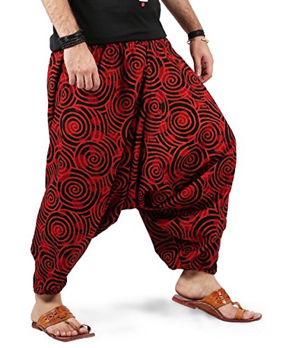 Boho Hippie Mens Womens Cotton Handmade Harem Pants with Side Pockets - Spiral Design (Light Red)