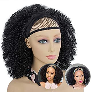 Headband Wig African American Kinky Curly None Lace Front Wigs,Afro Curly Hair Machine Made Headband Wig for Black Women 150% Density Natural Color Wig (12inch, #1B) (12inch, #1B)