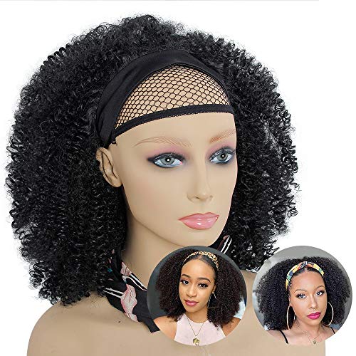 Headband Wig African American Kinky Curly None Lace Front Wigs,Afro Curly Hair Machine Made Headband Wig for Black Women 150% Density Natural Color Wig (12inch, #1B) (12inch, #1B)