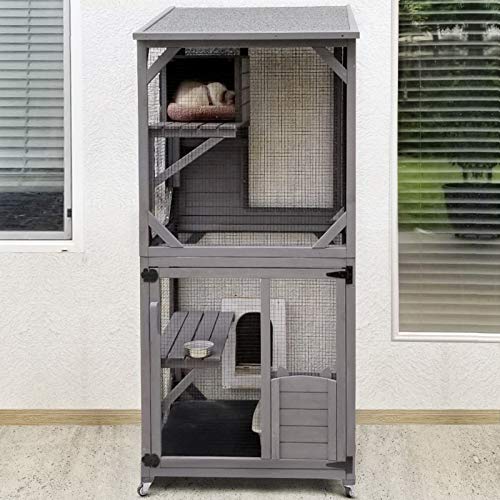 GUTINNEEN Cat House Outdoor Cage Large Enclosure on Wheels,Wooden Kitty Run with Resting Box,PVC Layer