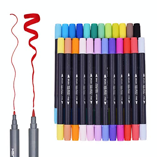 Watercolor Dual Tip Markers Brush Pens Set SAYEEC 24 Colors Brush and Fineliner Tip Pens Flexible Tip Coloring Brush Pens Highlighter Marker for Adult Coloring Books Manga Comic Calligraphy Beginner