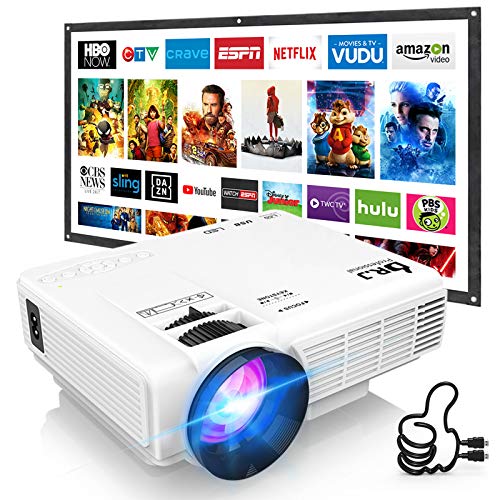 DR. J Professional HI-04 Mini Projector Outdoor Movie Projector with 100Inch Projector Screen, 1080P Supported Compatible with TV Stick, Video Games, HDMI,USB,TF,VGA,AUX,AV [Latest Upgrade]