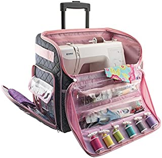 Everything Mary Deluxe Quilted Pink and Grey Rolling Sewing Machine Tote - Sewing Machine Case Fits Most Brother & Singer Sewing Machines, Sewing Bag with Wheels & Handle - Portable Sewing Case