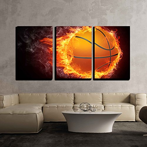 wall26 - 3 Piece Canvas Wall Art - Basketball Ball on Fire. 2D Graphics. Computer Design. - Modern Home Art Stretched and Framed Ready to Hang - 24