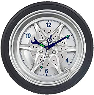 Garage Wall Clocks, Tire Rim Clock with Luminous Wrench, Silent Battery Operated Rubber Gear Decorative Clock for Automotive Mechanic Shop, Man Cave, Car Enthusiasts & Boys Bedroom- 14 Inch, Wheel