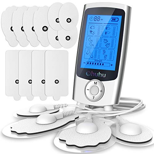 Muscle Pain Tens Unit, Ohuhu AS1080 TENS & Powered Muscle Stimulator Massager Rechargeable 24 Modes and 16 Pads Muscle Stimulator, Electric Massager for Back Neck Shoulder Pain Relief Home Office