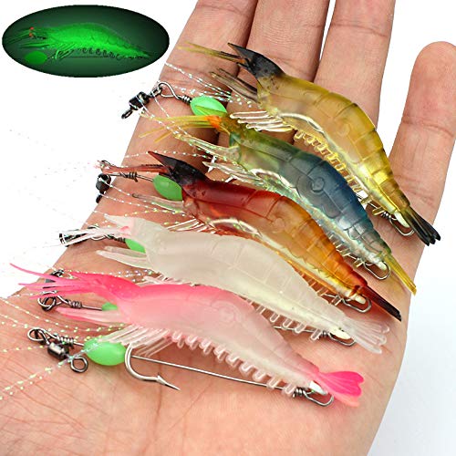 OriGlam Happy Shopping Day 5pcs Soft Luminous Shrimp Lure Set, 5 Colors Shrimp Bait Shrimp Lures Fishing Bait with Hooks Beads Fishing Tackles for Freshwater Saltwater Bass Trout Catfish Salmon