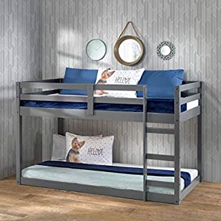 Twin Over Twin Bunk Bed Frame for Kids, Pine Wood Twin Bunk Bed for Boys and Girls, Low Bunk Bed, 13 Slats, Grey