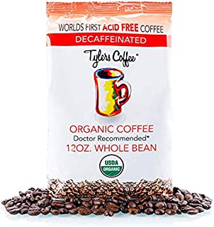 Tylers No Acid Organic Coffee Beans - 100% Arabica Full Flavor Decaf - Neutral pH - No Bitter Aftertaste - Gentle on Digestion, Reduce Acid Reflux - Protect Teeth Enamel - For No Acid Diets - 12 oz