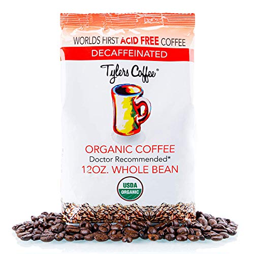 Tylers No Acid Organic Coffee Beans - 100% Arabica Full Flavor Decaf - Neutral pH - No Bitter Aftertaste - Gentle on Digestion, Reduce Acid Reflux - Protect Teeth Enamel - For No Acid Diets - 12 oz