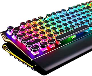 RK ROYAL KLUDGE Typewriter Style Mechanical Gaming Keyboard with True RGB Backlit Collapsible Wrist Rest 108-Key Blue Switch Retro Round Keycap, Black