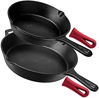 Pre-Seasoned Cast Iron Skillet Set (8-Inch and 12-Inch) Oven Safe Cookware - Heat-Resistant Holders - Indoor and Outdoor Use - Grill, Stovetop, Induction Safe