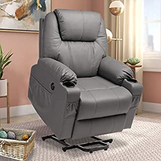 Haverchair Electric Power Lift Recliner PU Leather Chair for Elderly Wireless Remote Control Massage and Heat Sofa with USB Charge Port, Side Pockets and Cup Holders(Grey)