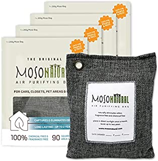 MOSO NATURAL: The Original Air Purifying Bag. for Cars, Closets, Bathrooms, Pet Areas. an Unscented, Chemical-Free Odor Eliminator. 200g 4 Pack (Charcoal)