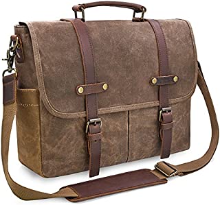 Mens Messenger Bag 15.6 Inch Waterproof Vintage Genuine Leather Waxed Canvas Briefcase Large Satchel Shoulder Bag Rugged Leather Computer Laptop Bag, Brown