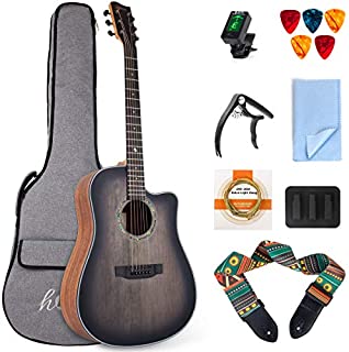 lotmusic 41 Inch Acoustic Guitar Professional Cutaway Folk Guitarra Bundle Top Spruce 6 Metal Strings with Beginner Kit (Gig Bag, Tuner, Strap, Picks,Strings, Capo, Mute, Clean cloth