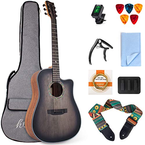 lotmusic 41 Inch Acoustic Guitar Professional Cutaway Folk Guitarra Bundle Top Spruce 6 Metal Strings with Beginner Kit (Gig Bag, Tuner, Strap, Picks,Strings, Capo, Mute, Clean cloth