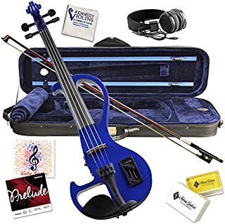 Electric Violin Bunnel Edge Outfit 4/4 Full Size (Clear) (BLUE)- Carrying Case and Accessories Included - Headphone Jack - Highest Quality with Piezo ceramic pick-up