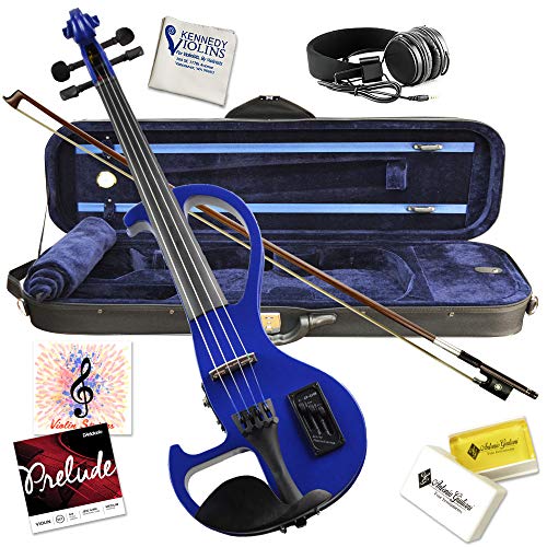 Electric Violin Bunnel Edge Outfit 4/4 Full Size (Clear) (BLUE)- Carrying Case and Accessories Included - Headphone Jack - Highest Quality with Piezo ceramic pick-up