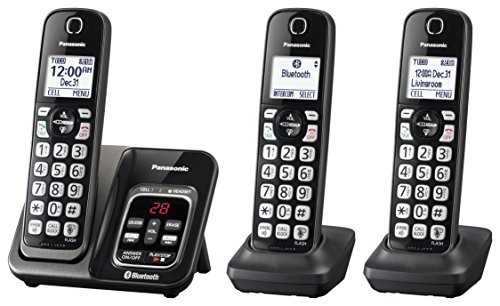 PANASONIC Expandable Cordless Phone System with Link2Cell Bluetooth, Voice Assistant, Answering Machine and Call Blocking - 3 Cordless Handsets - KX-TGD563M (Metallic Black)