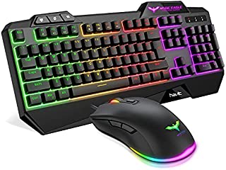 havit Wired Gaming Keyboard Mouse Combo LED Rainbow Backlit Gaming Keyboard RGB Gaming Mouse Ergonomic Wrist Rest 104 Keys Keyboard Mouse 4800 DPI for Windows & Mac PC Gamers (Black)