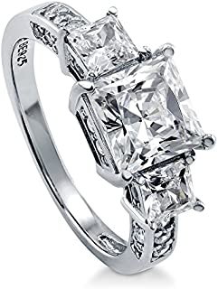 BERRICLE Rhodium Plated Sterling Silver Princess Cut Cubic Zirconia CZ 3-Stone Anniversary Wedding Engagement Ring 3.2 CTW Size 8.5