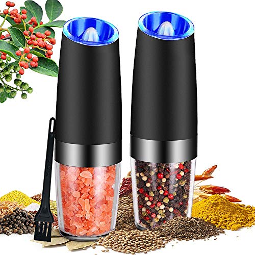 TuoFang Gravity Electric Salt and Pepper Grinder set, Automatic Operation Pepper and Salt Mill, Adjustable Coarseness, Battery Powered Grinding Pepper with Blue LED Light (2 Pack)