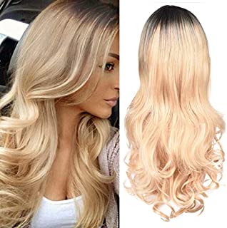 Blonde Wig Long Wavy Ombre Wig Brown to Blonde High Density Heat Resistant Synthetic Hair Weave Full Wigs for Women Daily Party Cosplay Use