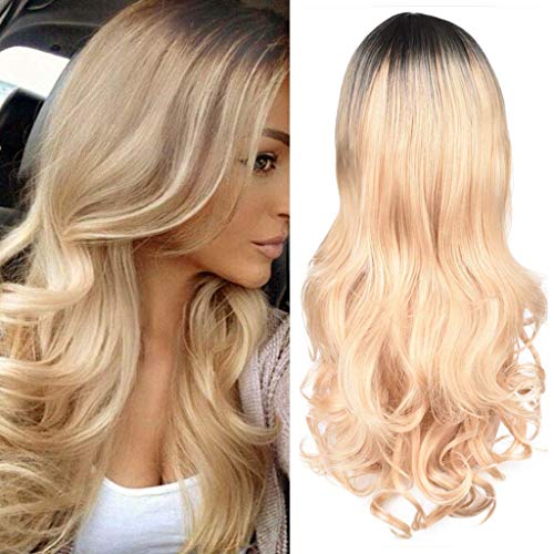 Blonde Wig Long Wavy Ombre Wig Brown to Blonde High Density Heat Resistant Synthetic Hair Weave Full Wigs for Women Daily Party Cosplay Use