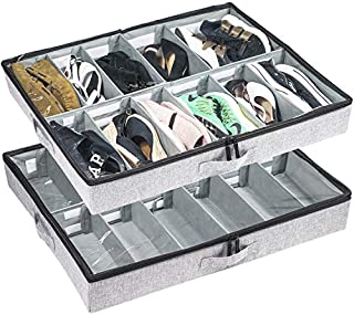 Low Profile Under Bed Shoe Storage Organizer, 4.5'' Tall and Fits Beds 5'' Off the Floor, Adjustable Dividers, Underbed Shoe Storage Solution - Set of 2