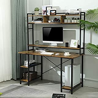 Sedeta Computer Desk with Hutch and Adjustable Shelves, 55 Inches Industrial Office Desk with Bookshelf, CPU Stand, Writing Desk with Storage, PC Study Table Workstation for Home Office, Rustic Brown