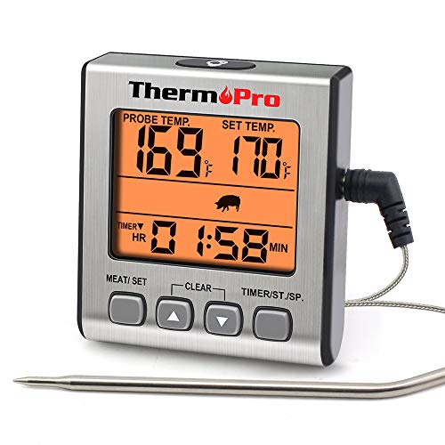 ThermoPro TP-16S Digital Meat Thermometer Smoker Candy Food BBQ Cooking Thermometer for Grilling Oven Deep Fry with Smart Kitchen Timer Mode and Backlight