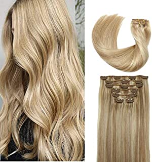 Hair Extensions Clip in Human Hair Light Golden Brown Mixed with Bleached Blonde Remy Clip in Human Hair Extensions 8A Brazilian Huaman Hair Extensions Straight Real Hair Extensions 15