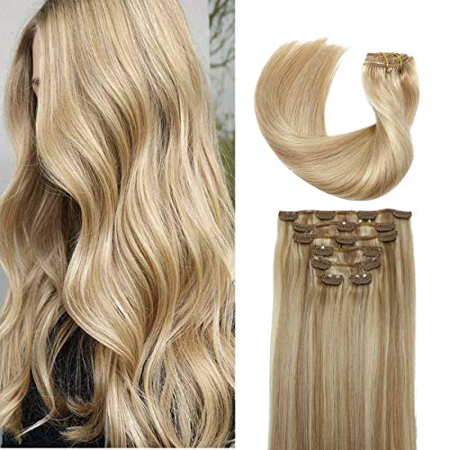 Hair Extensions Clip in Human Hair Light Golden Brown Mixed with Bleached Blonde Remy Clip in Human Hair Extensions 8A Brazilian Huaman Hair Extensions Straight Real Hair Extensions 15