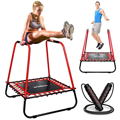 Watbick Rebounder Trampoline with Handle for Adults. Includes Bonus: Jumping Rope. Fitness Mini Trampoline with Double Handrail. Double Armrest Indoor Exercise Trampoline. Workout Trampoline with Bar.