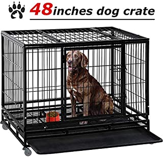 Dog Crate Cage for Large Dogs Heavy Duty 48 Inches Dog Kennel Pet Playpen for Training Indoor Outdoor with Plastic Tray Double Doors & Locks Design