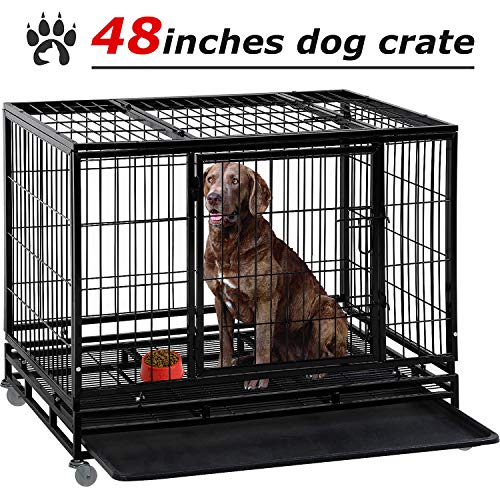 Dog Crate Cage for Large Dogs Heavy Duty 48 Inches Dog Kennel Pet Playpen for Training Indoor Outdoor with Plastic Tray Double Doors & Locks Design