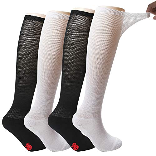 +MD 4 Pack Womens Extra Wide Non-Binding Diabetic and Circulatory Bamboo Over The Knee Socks with Cushioned Sole 2Black2White9-11
