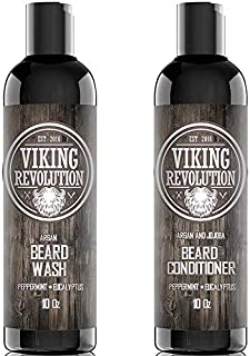 Viking Revolution Beard Wash & Beard Conditioner Set w/Argan & Jojoba Oils  Softens, Smooths & Strengthens Beard Growth - Natural Peppermint and Eucalyptus Scent - Beard Shampoo w/Beard Oil (10 oz)