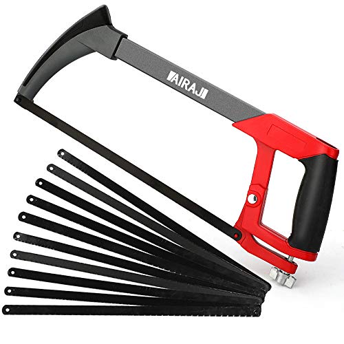 AIRAJ 12 In Adjustable -Tension Hacksaw Frame with 10 Quality Steel Saw Blades, Suitable for Gardeners, Carpenters Sawing Plastic Pipes, Metal Pipes, Wood Saws