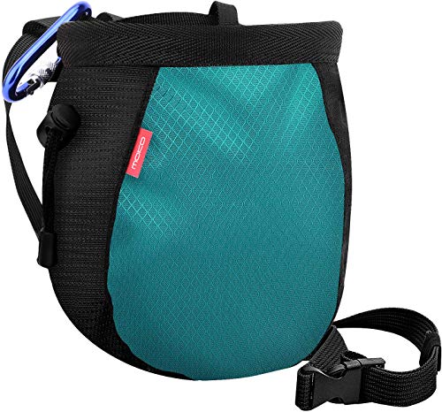 MoKo Rock Climbing Chalk Bag, Bouldering Chalk Bag Bucket with Adjustable Belt & Carabiner Drawstring Climbing Chalk Bag for Rock Climbing Weight Lifting Gymnastics Crossfit - Black & Light Blue