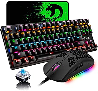 Mechanical Gaming Keyboard Blue Switch Mini 87 Keys RGB Backlit Keyboard,Programmable 6400DPI Ultra-Light Honeycomb Coal Game Mouse,Gaming Mouse pad for Gamers and Typists