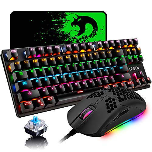 Mechanical Gaming Keyboard Blue Switch Mini 87 Keys RGB Backlit Keyboard,Programmable 6400DPI Ultra-Light Honeycomb Coal Game Mouse,Gaming Mouse pad for Gamers and Typists