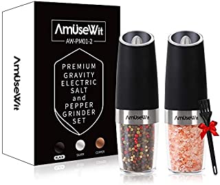 Gravity Electric Salt and Pepper Grinder Set of 2White Light- Battery Operated Automatic Salt and Pepper Mills with Light,Adjustable Coarseness,One Handed Operation,Cleaning Brush,Black by AmuseWit