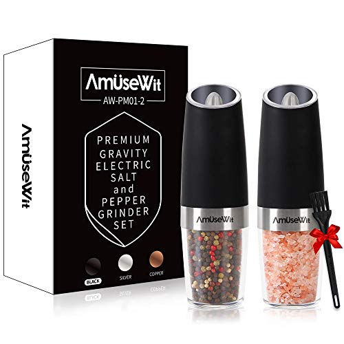 Gravity Electric Salt and Pepper Grinder Set of 2White Light- Battery Operated Automatic Salt and Pepper Mills with Light,Adjustable Coarseness,One Handed Operation,Cleaning Brush,Black by AmuseWit