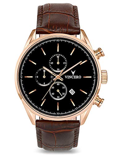 Vincero Luxury Men's Chrono S Wrist Watch - Top Grain Italian Leather Watch Band - 43mm Chronograph Watch - Japanese Quartz Movement (Rose Gold)